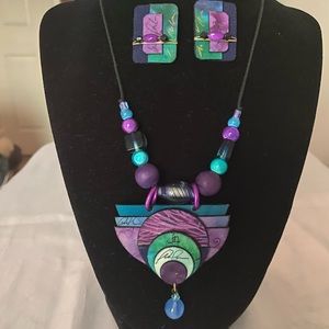 Hand painted Silk Necklace & Earrings by Artist Suzanne Bellows